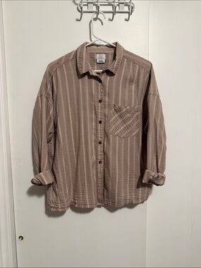RVCA Men’s Taupe Striped Casual Button-Down Shirt